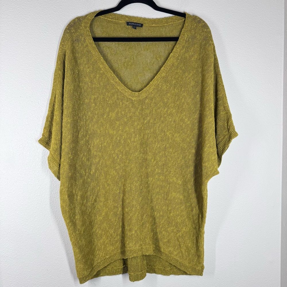 Eileen Fisher Blouse Linen Cotton Blend V Neck Green Shirt Large Oversized